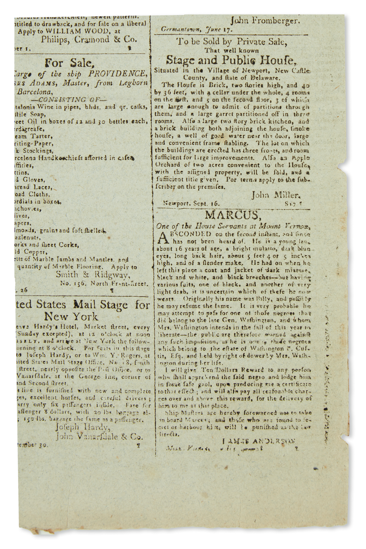 (SLAVERY AND ABOLITION.) Runaway advertisement for Marcus, one of the House Servants at Mount Vernon,